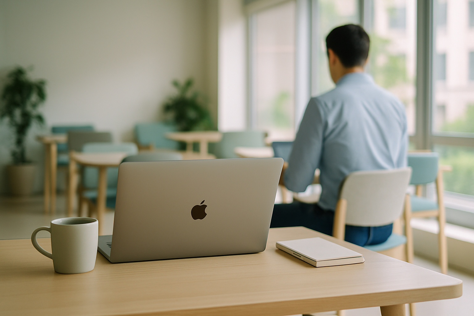 Bureau minimaliste avec MacBook, casque audio et vue urbaine floue.